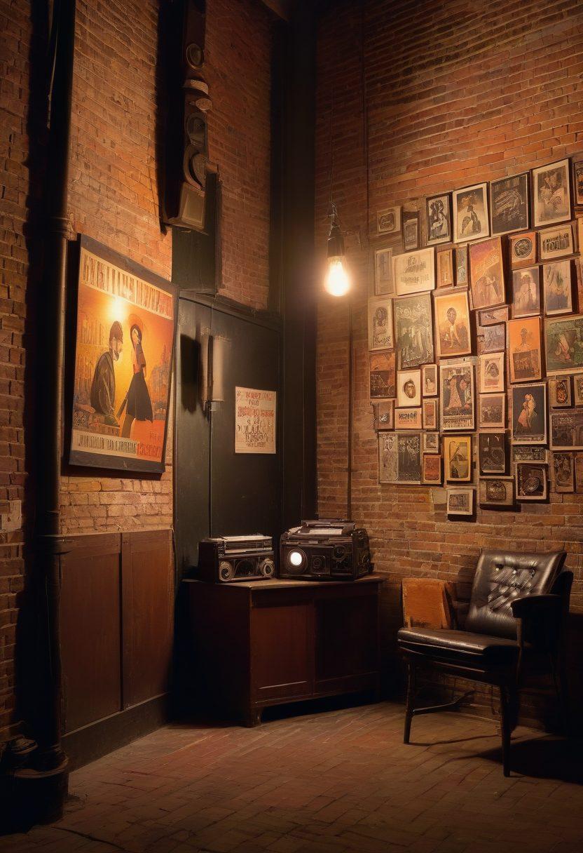 A moody, atmospheric theater scene showcasing an eclectic mix of cult classic film posters on a brick wall, with vintage film reels and a soft glow from an old projector. In the foreground, a diverse group of film enthusiasts passionately discussing their favorite alternative movies. Magical elements like swirling lights and ethereal shadows hint at the magic of cinema. cinematic. vintage style. warm colors. dramatic lighting.