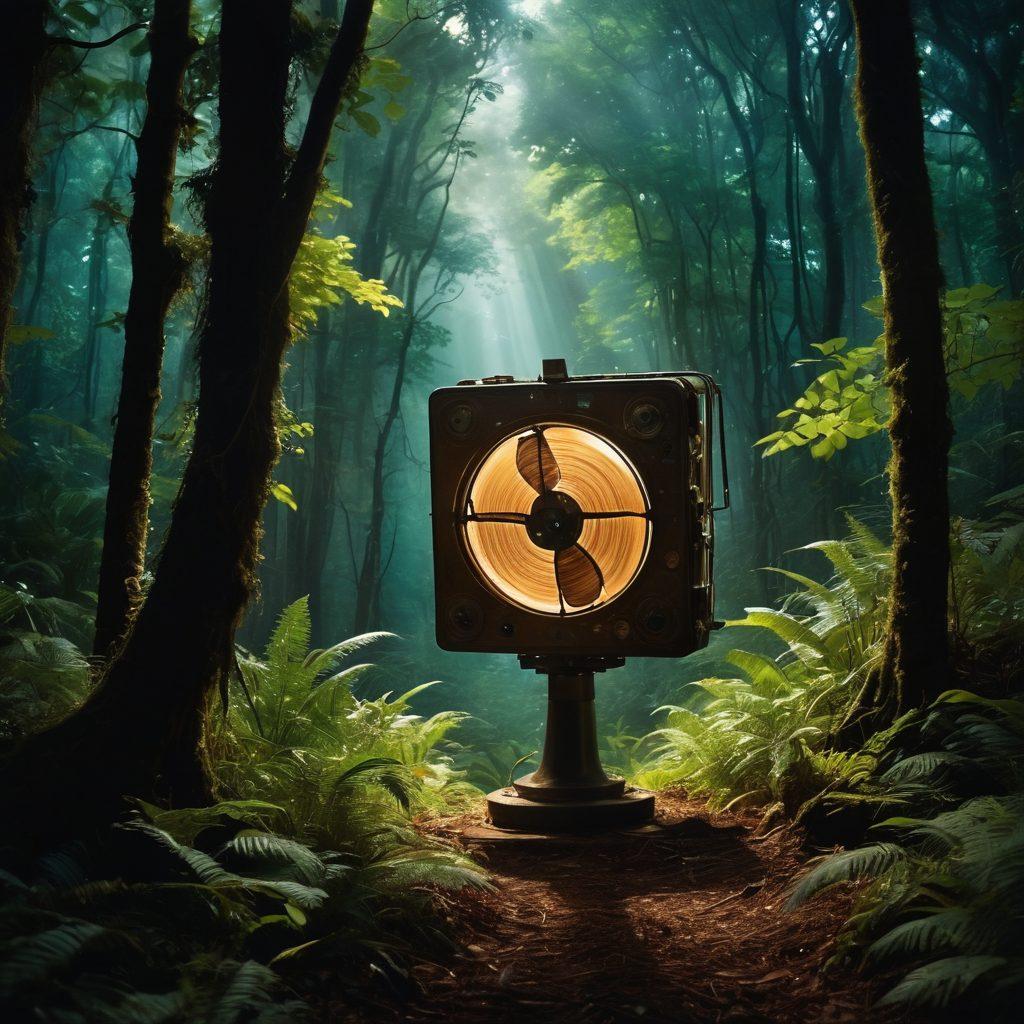 A mysterious film reel unfurling across an enigmatic dark forest, with glimpses of unusual, vintage film posters peeking through the foliage. Ethereal light beams illuminate hidden gems of obscure cinema, with whimsical characters emerging from the shadows. Include a sense of adventure and discovery in the atmosphere, hinting at alternative film secrets waiting to be uncovered. surrealism. vibrant colors. cinematic lighting.