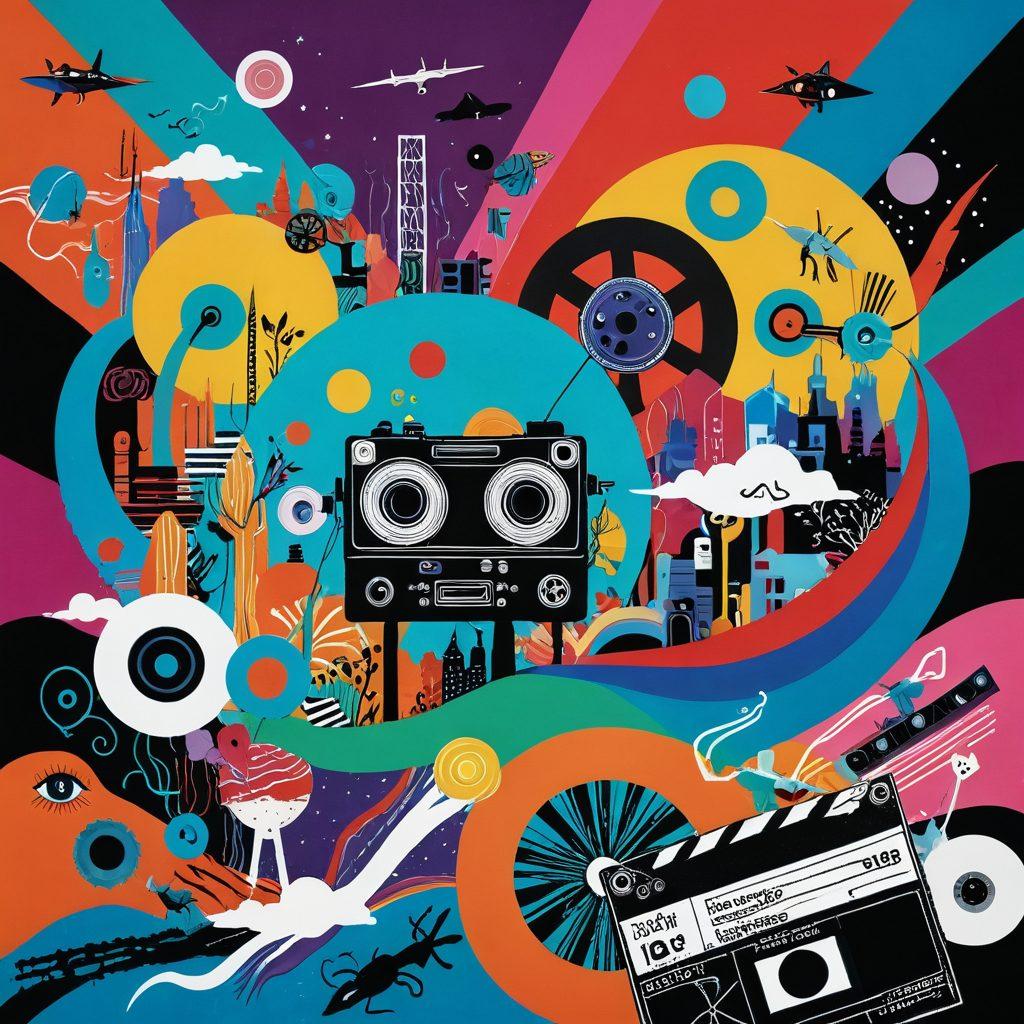 A vibrant collage of diverse experimental film scenes, featuring a mix of unique visual styles such as abstract animation, surreal environments, and quirky characters. Include elements like a film reel, artistic filmmaking tools, and a background that hints at both indie and art house cinema. Use bright, contrasting colors to reflect creativity and diversity. surrealistic. vibrant colors. dynamic composition.